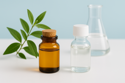 An amber vial of essential oil with a cork with a green plant behind it, next to a clear vial of fragrance oil with a white cap in front of a beaker.