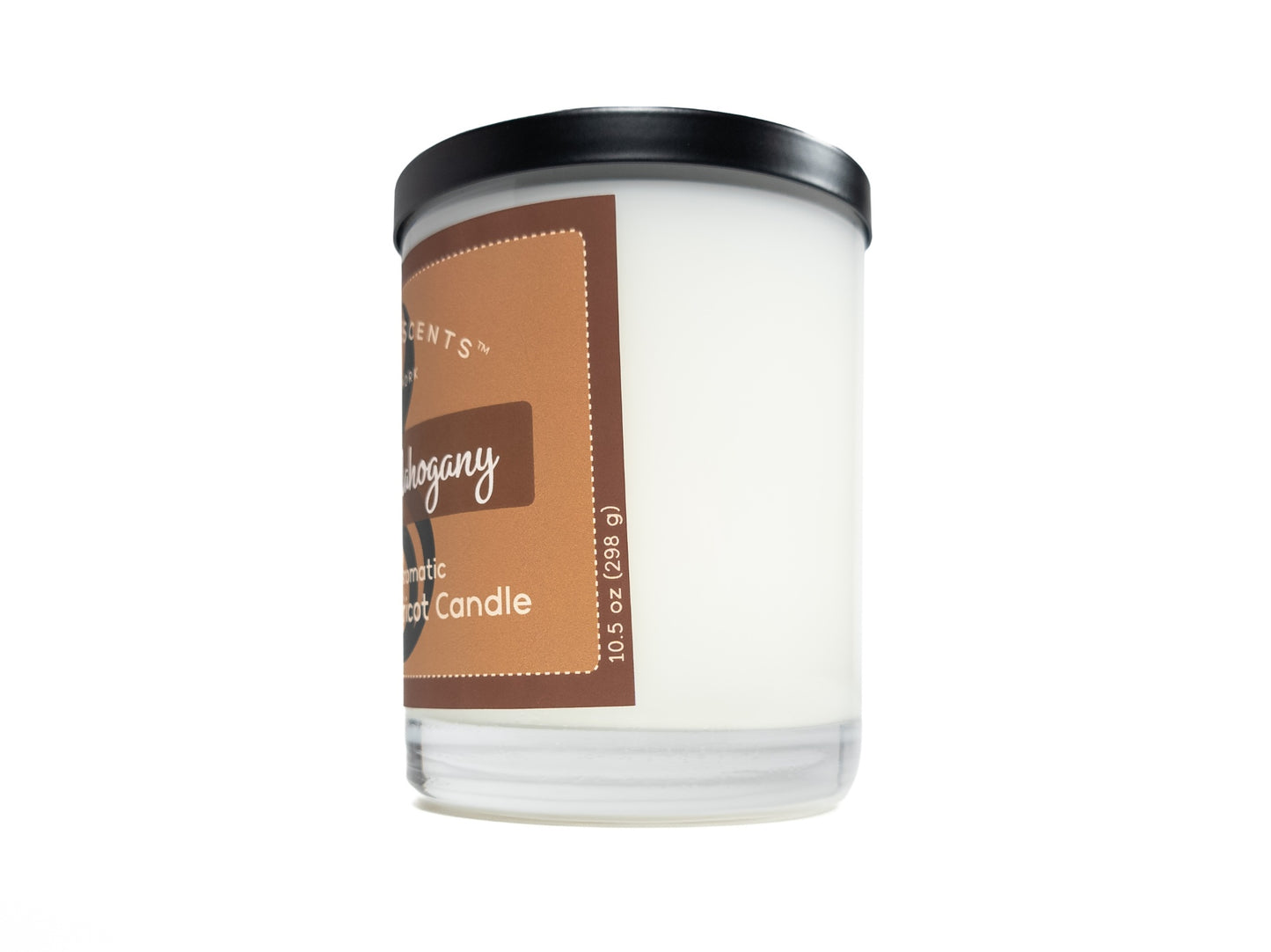 10.5oz Aged Mahogany Softly Aromatic Coconut Apricot Candle by Slight Scents, handcrafted in New York. Side Profile on a white background with a black lid.