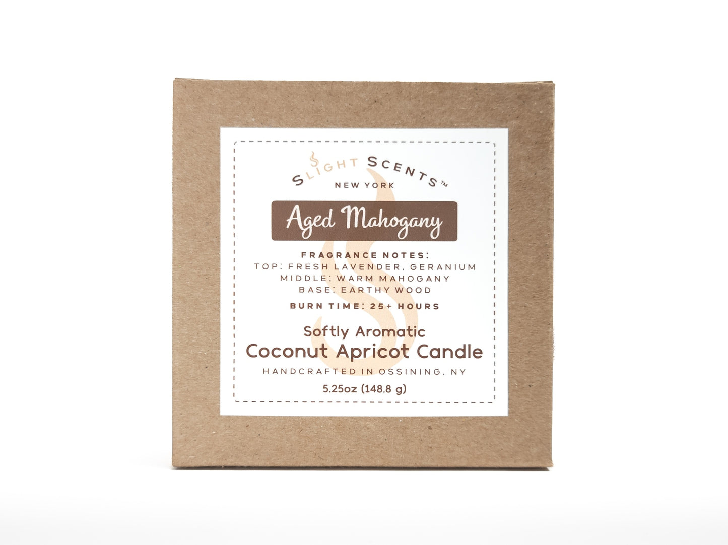 Candle box for Slight Scents New York featuring the fragrance Aged Mahogany with notes of fresh lavender, geranium, warm mahogany, and earthy wood. Softly Aromatic coconut apricot candle, 5.25 oz, with a burn time of 25+ hours. Handcrafted in Ossining, NY.