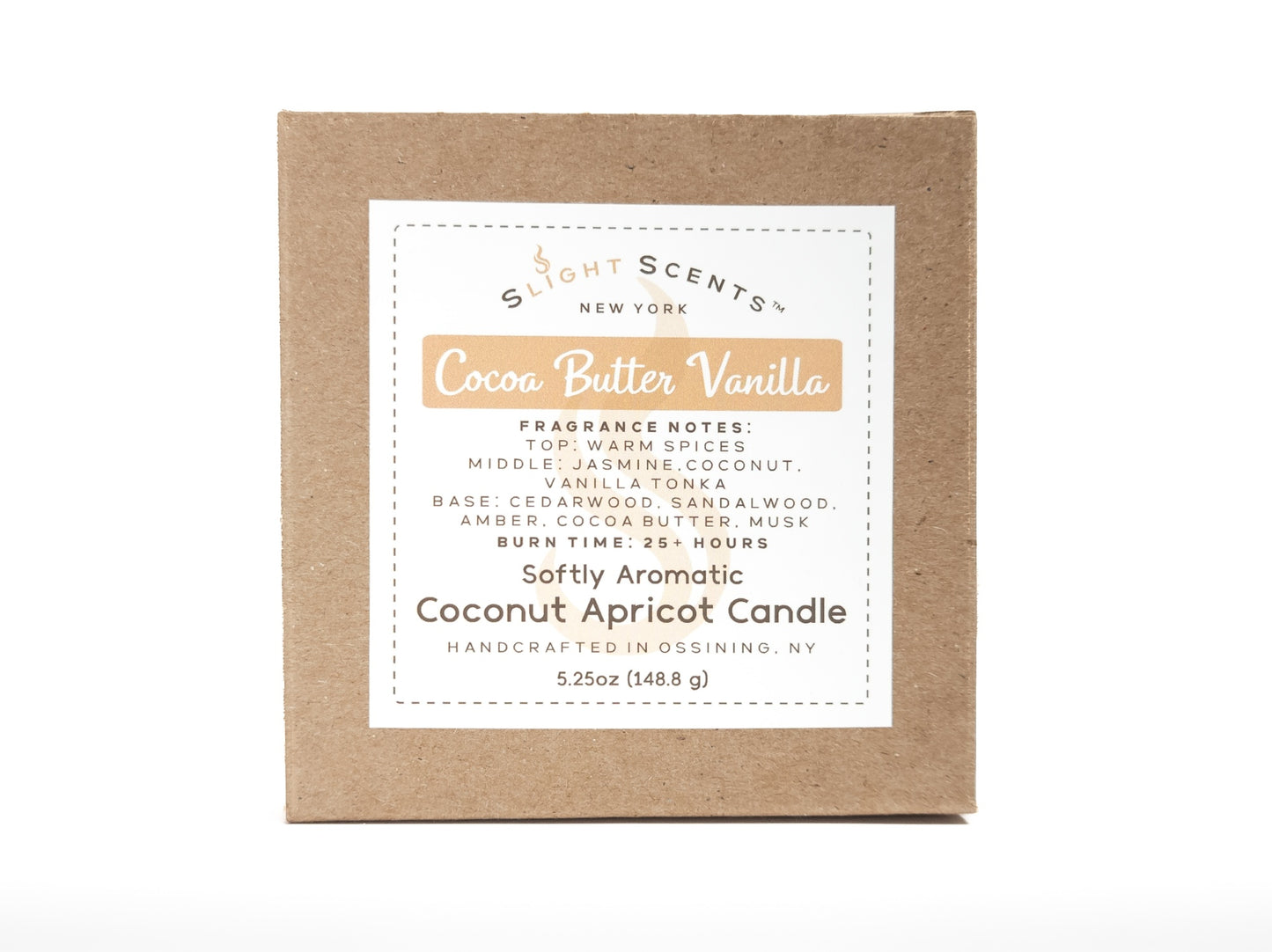Candle box for Slight Scents New York featuring the fragrance Cocoa Butter Vanilla with notes of warm spices, vanilla tonka, jasmine, coconut, cedarwood, sandalwood, amber, cocoa butter, and musk. Softly Aromatic coconut apricot candle, 5.25 oz, with a burn time of 25+ hours. Handcrafted in Ossining, NY.