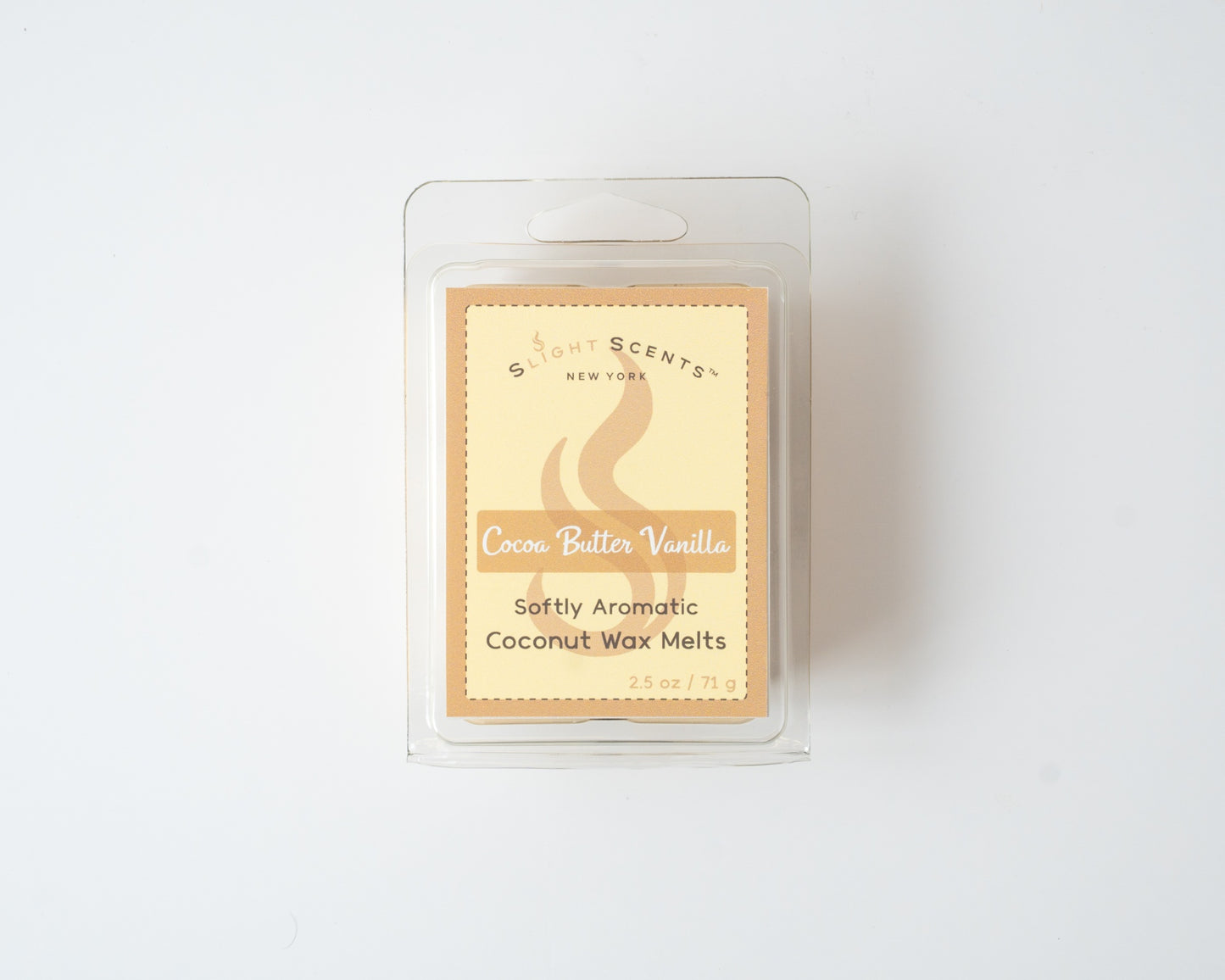 Cocoa Butter Vanilla wax melt on a white background. Closed clam shell container.