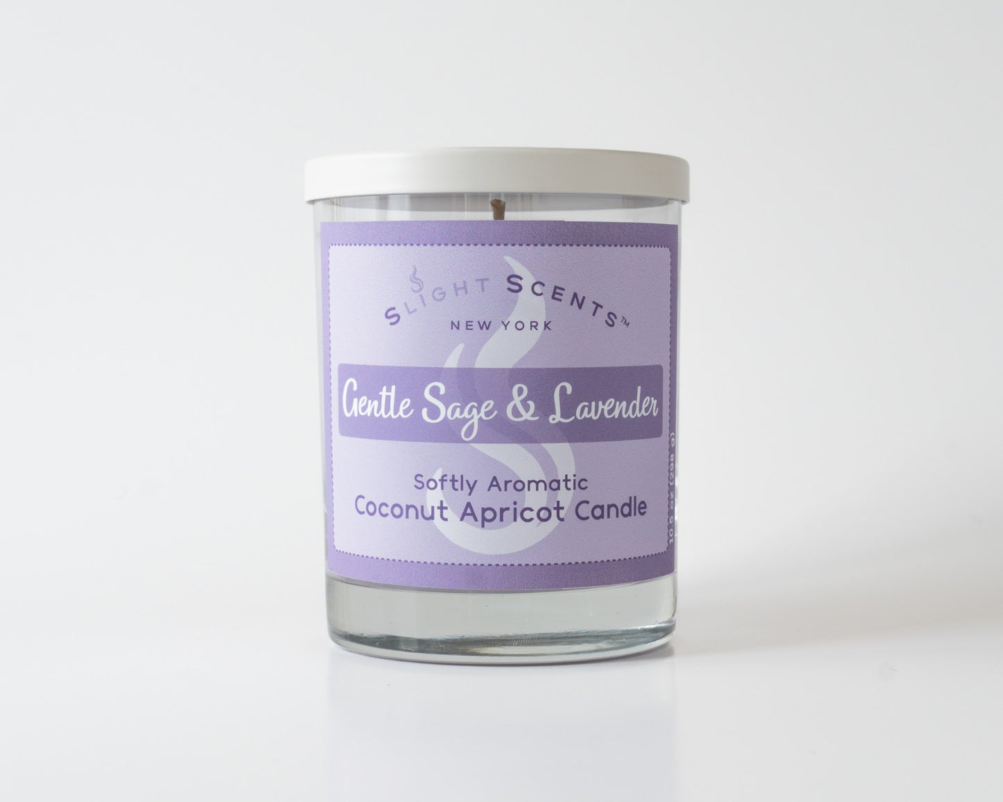 Gentle Sage & Lavender Softly Aromatic Coconut Apricot Candle by Slight Scents New York against a white background.