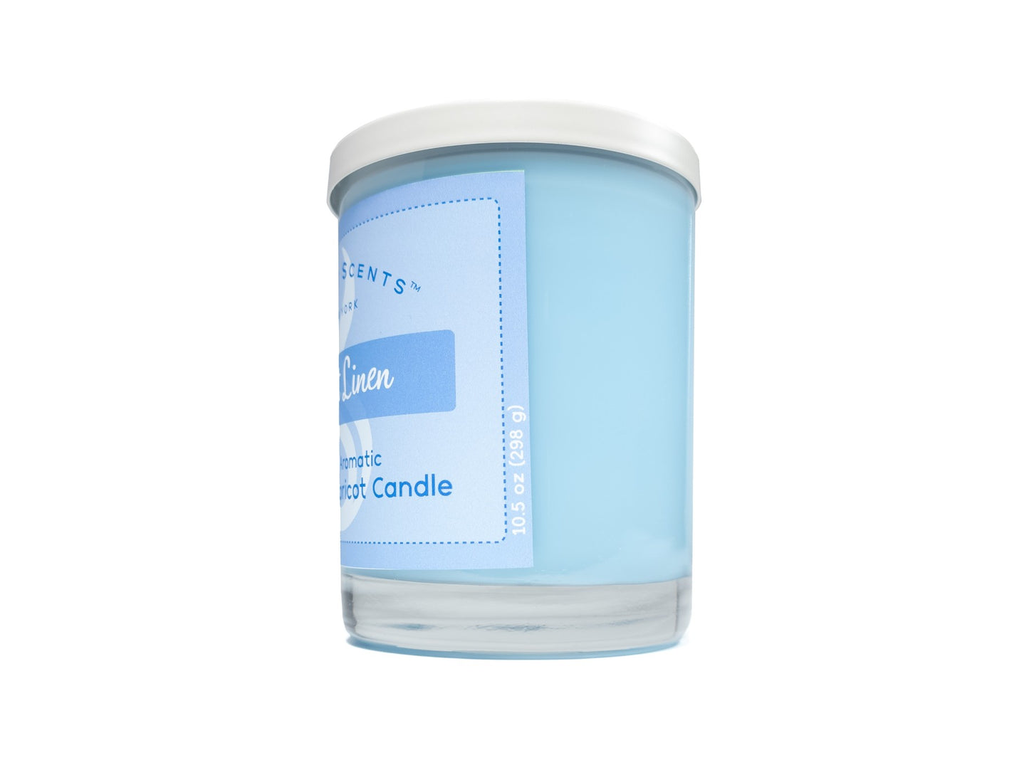10.5oz Light Linen Softly Aromatic Coconut Apricot Candle by Slight Scents, handcrafted in New York. Side profile on a white background with a white lid.