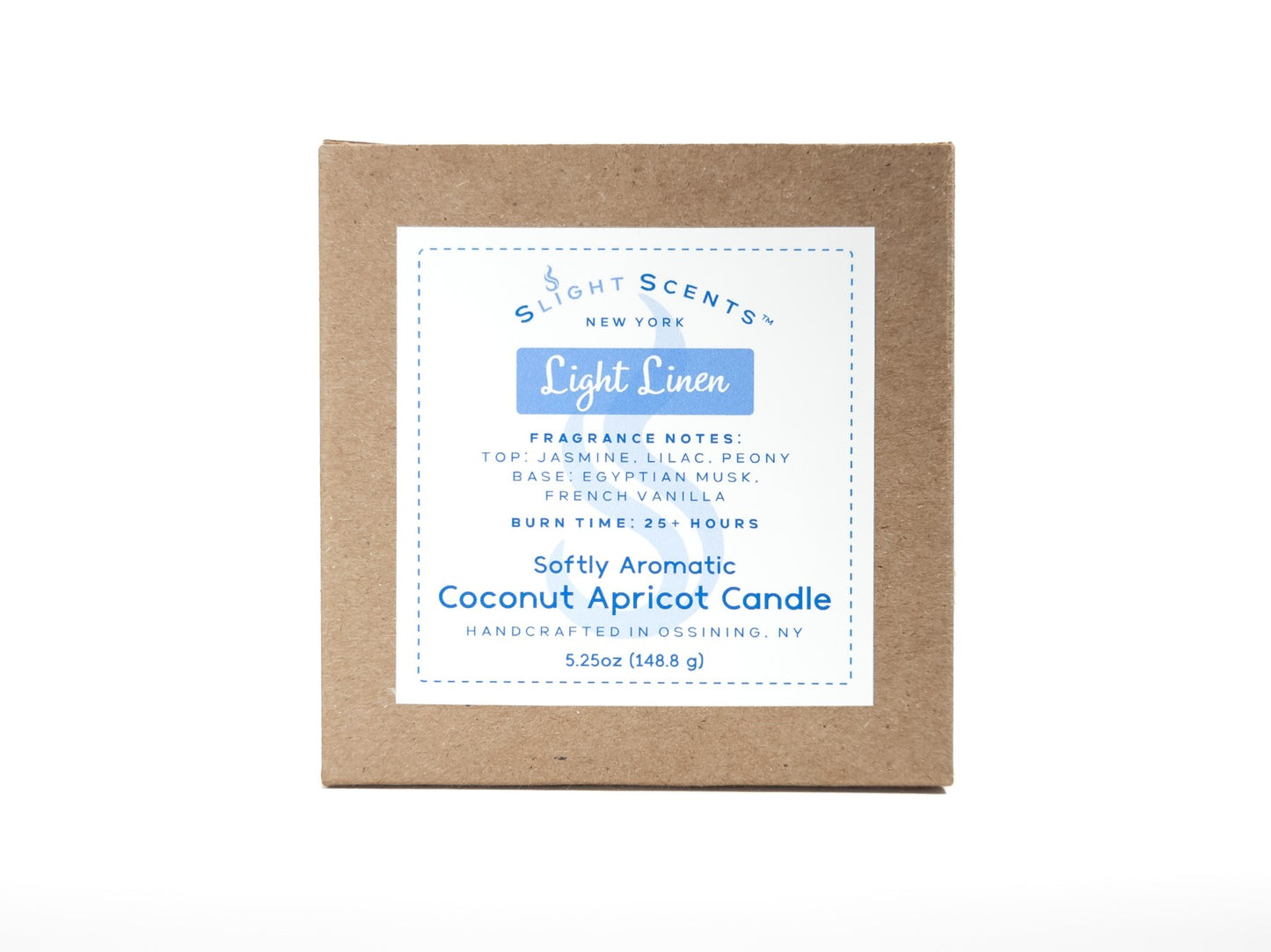Candle box for Slight Scents New York featuring the fragrance Light Linen with notes of jasmine, lilac, peony, Egyptian musk, and French vanilla. Softly Aromatic coconut apricot candle, 5.25 oz, with a burn time of 25+ hours. Handcrafted in Ossining, NY.