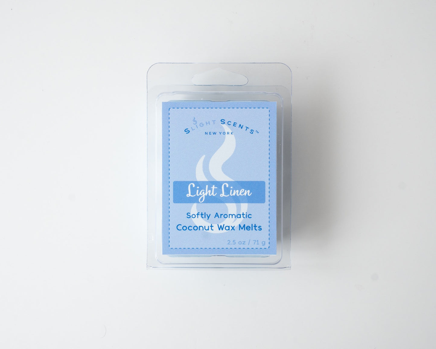 Light Linen wax melt on a white background. Closed clam shell container.