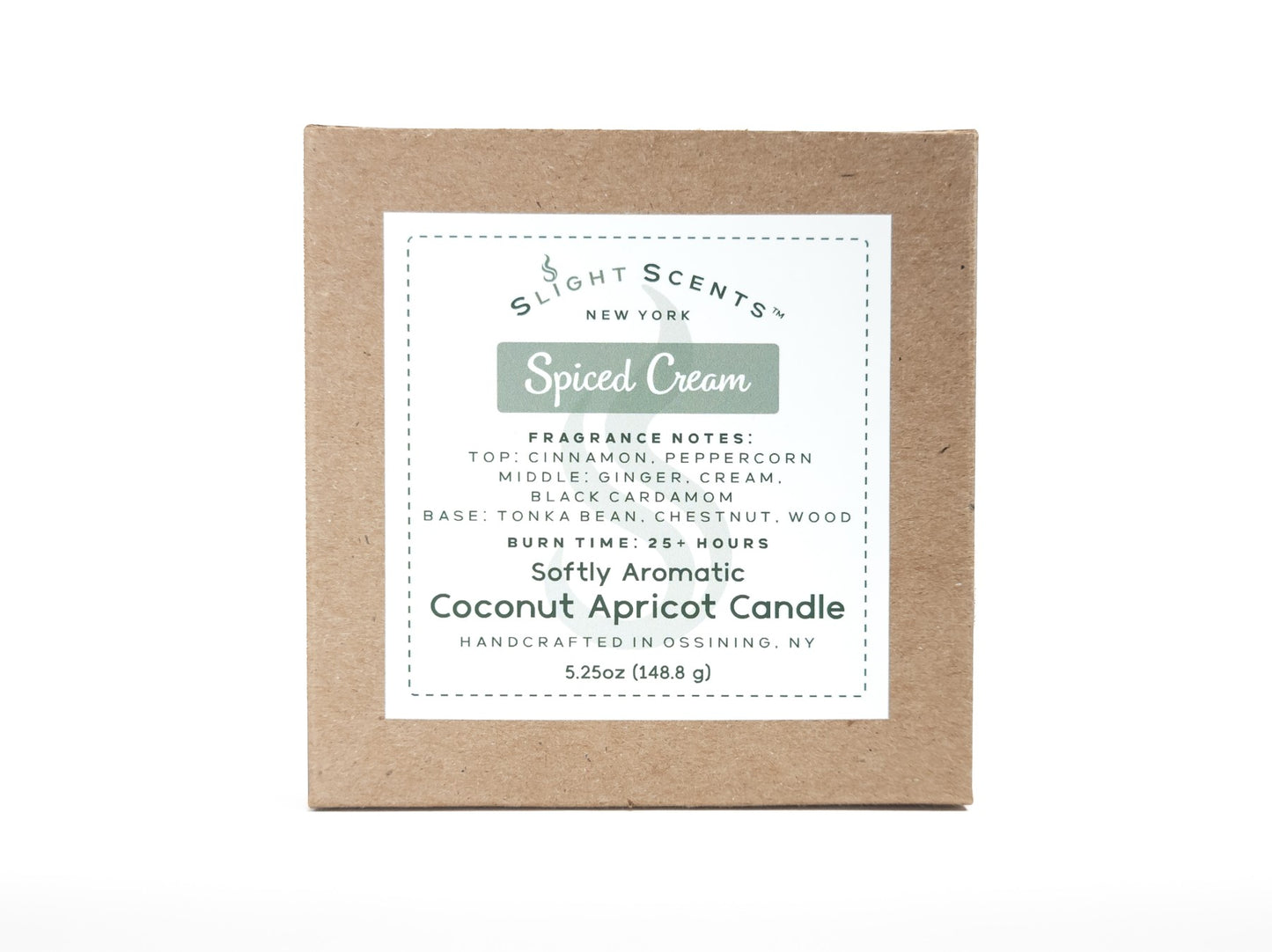 Candle box for Slight Scents New York featuring the fragrance Spiced Cream with notes of cinnamon, peppercorn, cream, black cardamom, ginger, tonka bean, chestnut, and wood. Softly Aromatic coconut apricot candle, 5.25 oz, with a burn time of 25+ hours. Handcrafted in Ossining, NY.