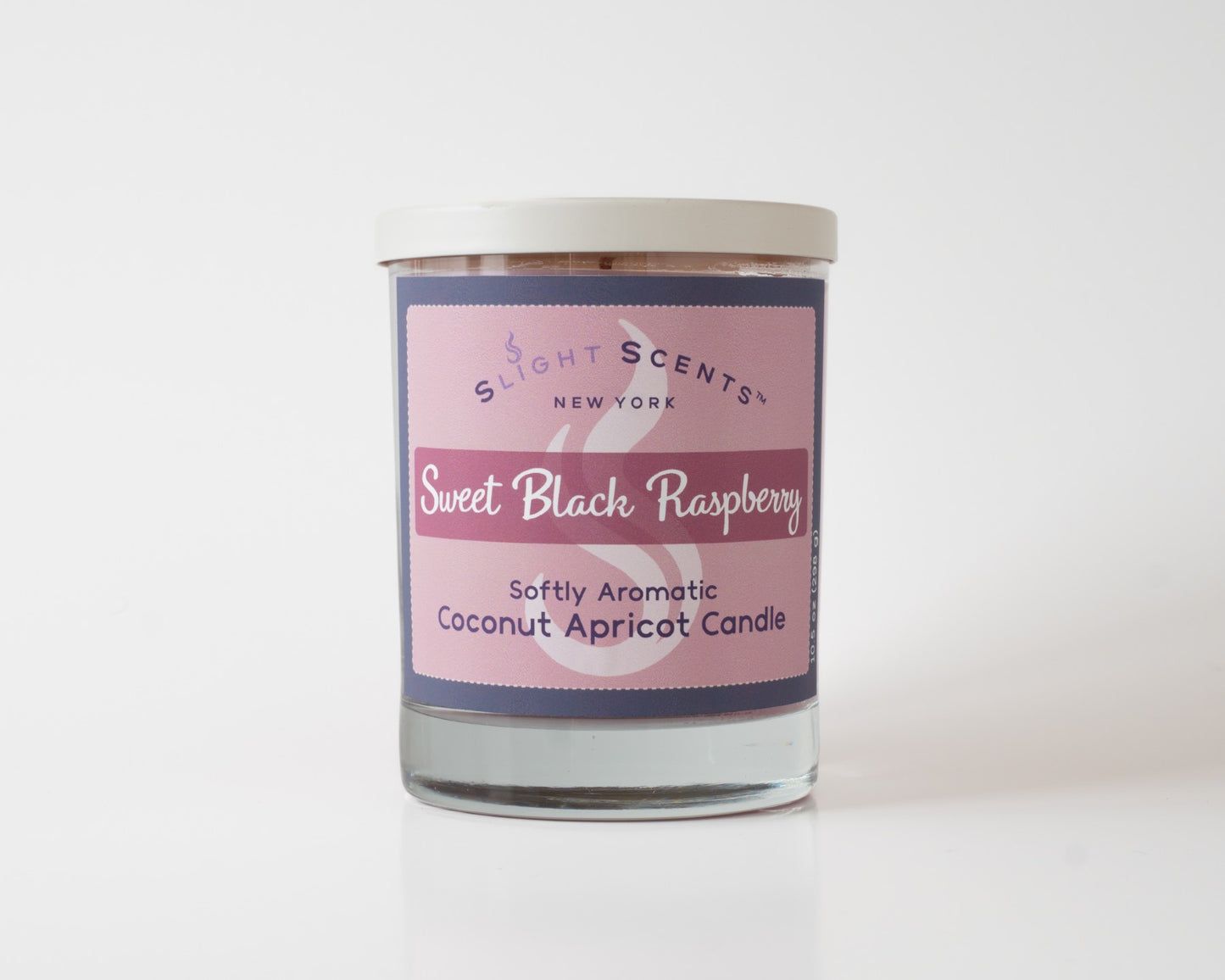 Sweet Black Raspberry Softly Aromatic Coconut Apricot Candle by Slight Scents New York against a white background.