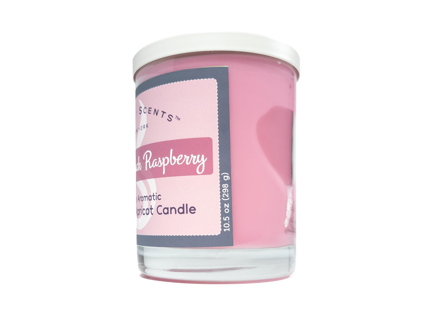 10.5oz Sweet Black Raspberry Softly Aromatic Coconut Apricot Candle by Slight Scents, handcrafted in New York. Side photo on a white background with a white lid.