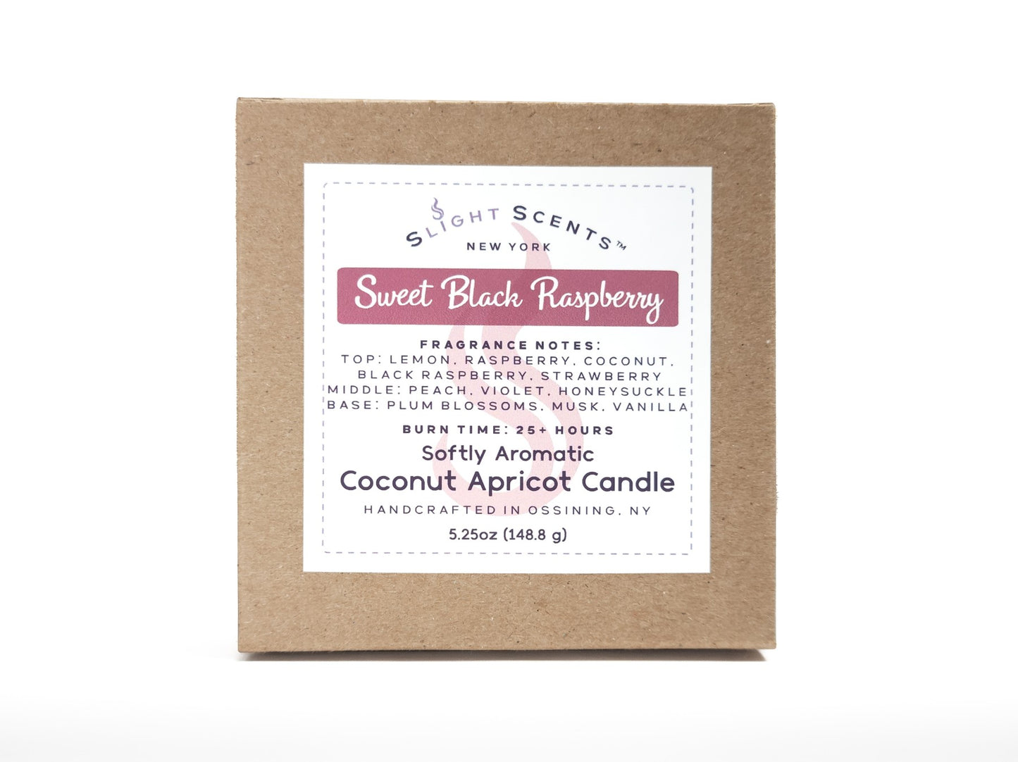 Candle box for Slight Scents New York featuring the fragrance Sweet Black Raspberry with notes of lemon, raspberry, black raspberry, strawberry, coconut, peach, violet, honeysuckle, plum blossoms, musk, and vanilla. Softly Aromatic coconut apricot candle, 5.25 oz, with a burn time of 25+ hours. Handcrafted in Ossining, NY.