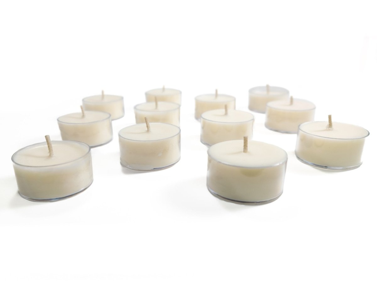 12 pack Unscented 100% Soy Tealight Candles by Slight Scents, handcrafted in New York. 6.84oz / 194g. Loose tealights sitting on a white background.