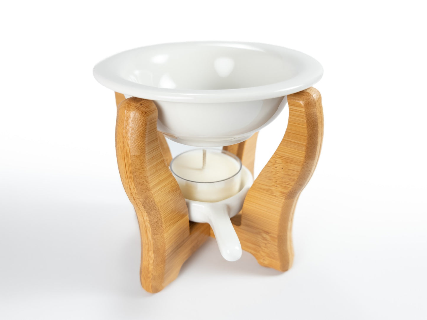 A bamboo wax warmer designed for wax melts, featuring a natural bamboo frame. The warmer uses tealight candles instead of electricity, with a ceramic tealight holder that includes a small handle for easy placement and removal. Above the tealight, a ceramic dish holds the wax melts, allowing them to melt and release their fragrance.