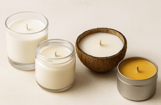 Four candles. From left to right: paraffin in a glass container, soy in a glass jar, coconut in a halved coconut shell, beeswax in a tin sitting against a light background. 