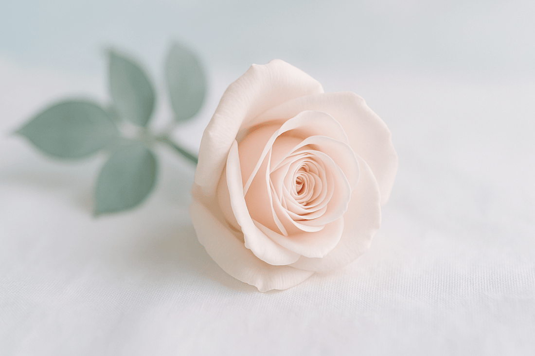 A close up pink rose on a cloth against a white background.