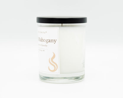 10.5oz Aged Mahogany Softly Aromatic Coconut Apricot Candle by Slight Scents, handcrafted in New York. Side Profile on a white background with a black lid.