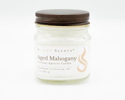 Aged Mahogany Coconut Apricot Candle in a 8oz mason jar. Front view.
