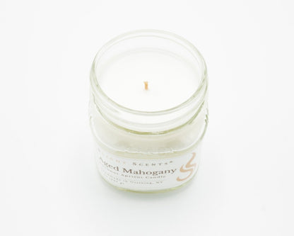 Aged Mahogany Coconut Apricot Candle in a 8oz mason jar, no lid.