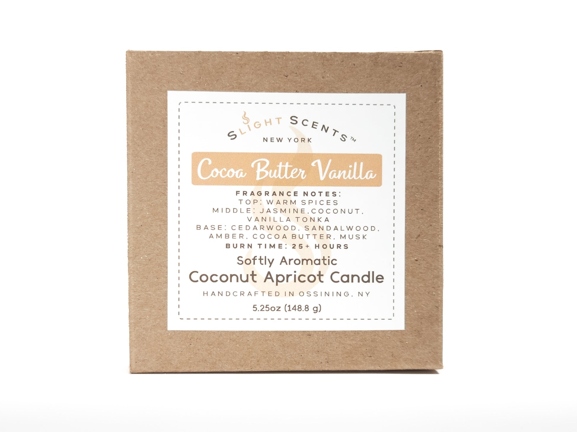 Candle box for Slight Scents New York featuring the fragrance Cocoa Butter Vanilla with notes of warm spices, vanilla tonka, jasmine, coconut, cedarwood, sandalwood, amber, cocoa butter, and musk. Softly Aromatic coconut apricot candle, 5.25 oz, with a burn time of 25+ hours. Handcrafted in Ossining, NY.