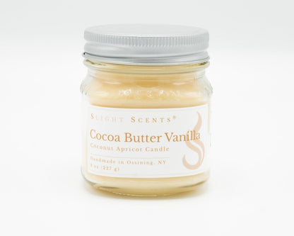 Cocoa Butter Vanilla Coconut Apricot Candle in a 8oz mason jar. Front view.