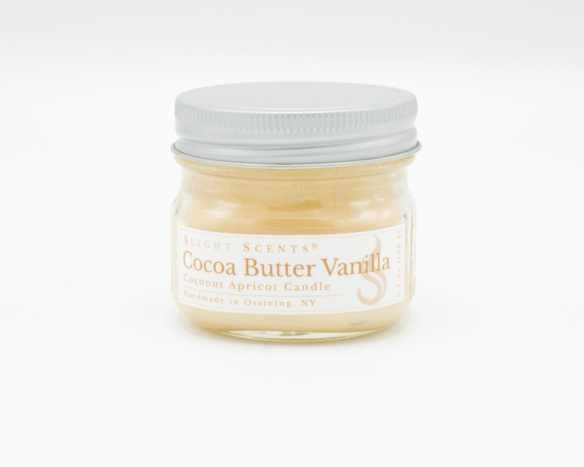 Cocoa Butter Vanilla Coconut Apricot Candle in a 4.5oz mason jar. Front view.