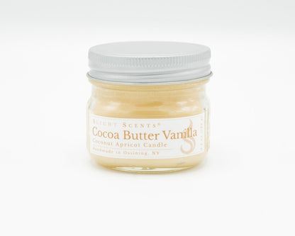 Cocoa Butter Vanilla Coconut Apricot Candle in a 4.5oz mason jar. Front view.