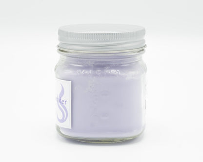 Gentle Sage & Lavender Coconut Apricot Candle in a 8oz mason jar. Side view.