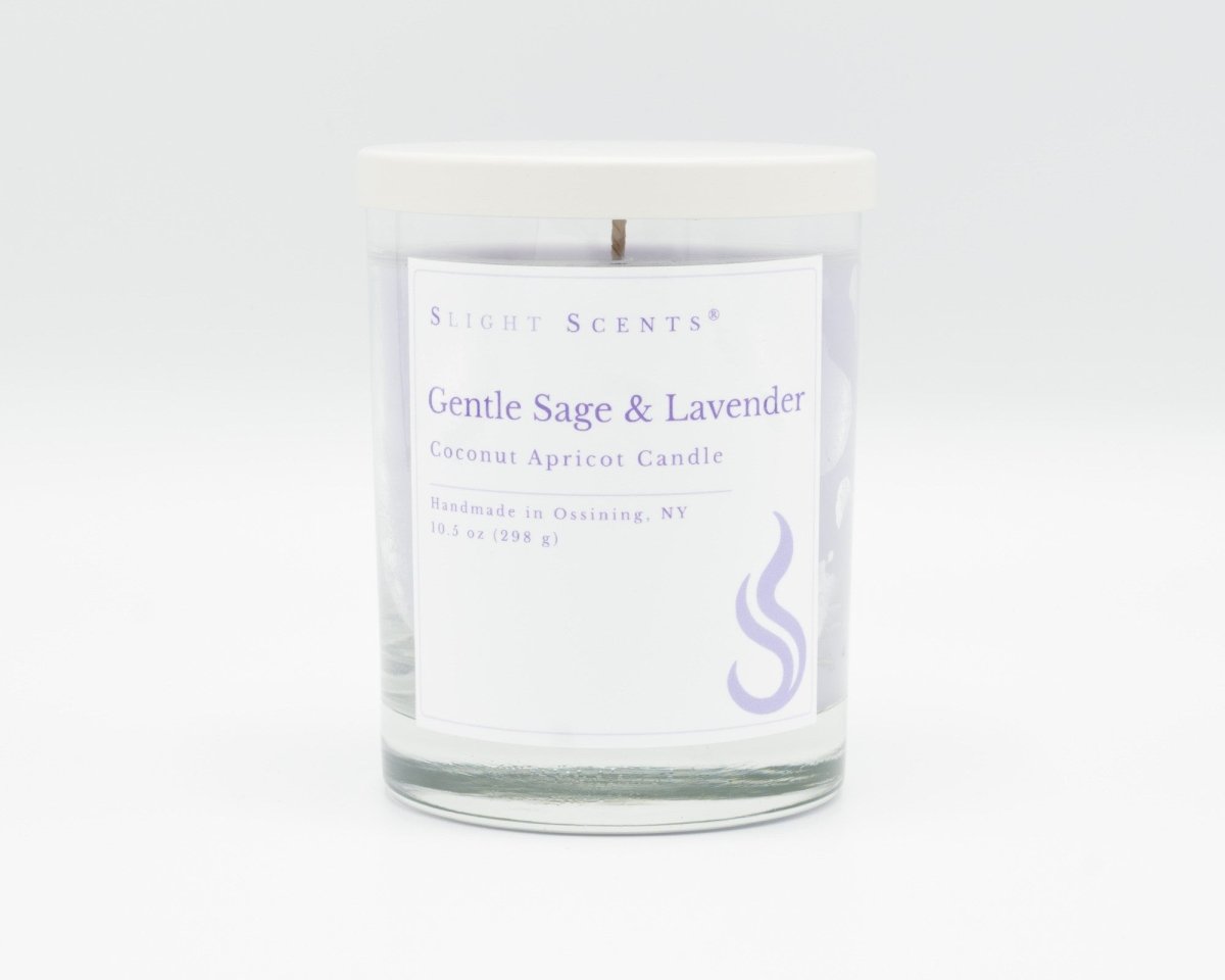 Gentle Sage & Lavender Softly Aromatic Coconut Apricot Candle by Slight Scents New York against a white background.