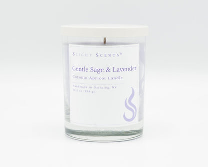Gentle Sage & Lavender Softly Aromatic Coconut Apricot Candle by Slight Scents New York against a white background.
