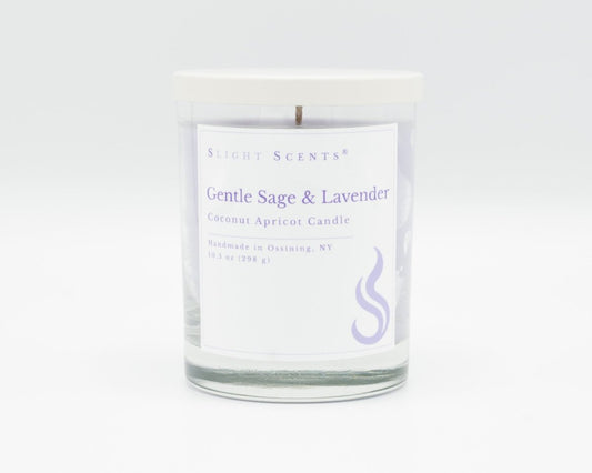 Gentle Sage & Lavender Softly Aromatic Coconut Apricot Candle by Slight Scents New York against a white background.