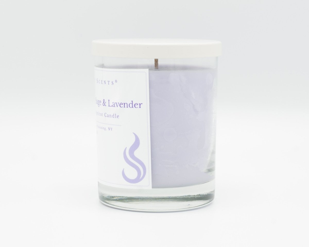 10.5oz Gentle Sage & Lavender Softly Aromatic Coconut Apricot Candle by Slight Scents, handcrafted in New York. Side Profile on a white background with a white lid.