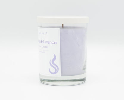 10.5oz Gentle Sage & Lavender Softly Aromatic Coconut Apricot Candle by Slight Scents, handcrafted in New York. Side Profile on a white background with a white lid.