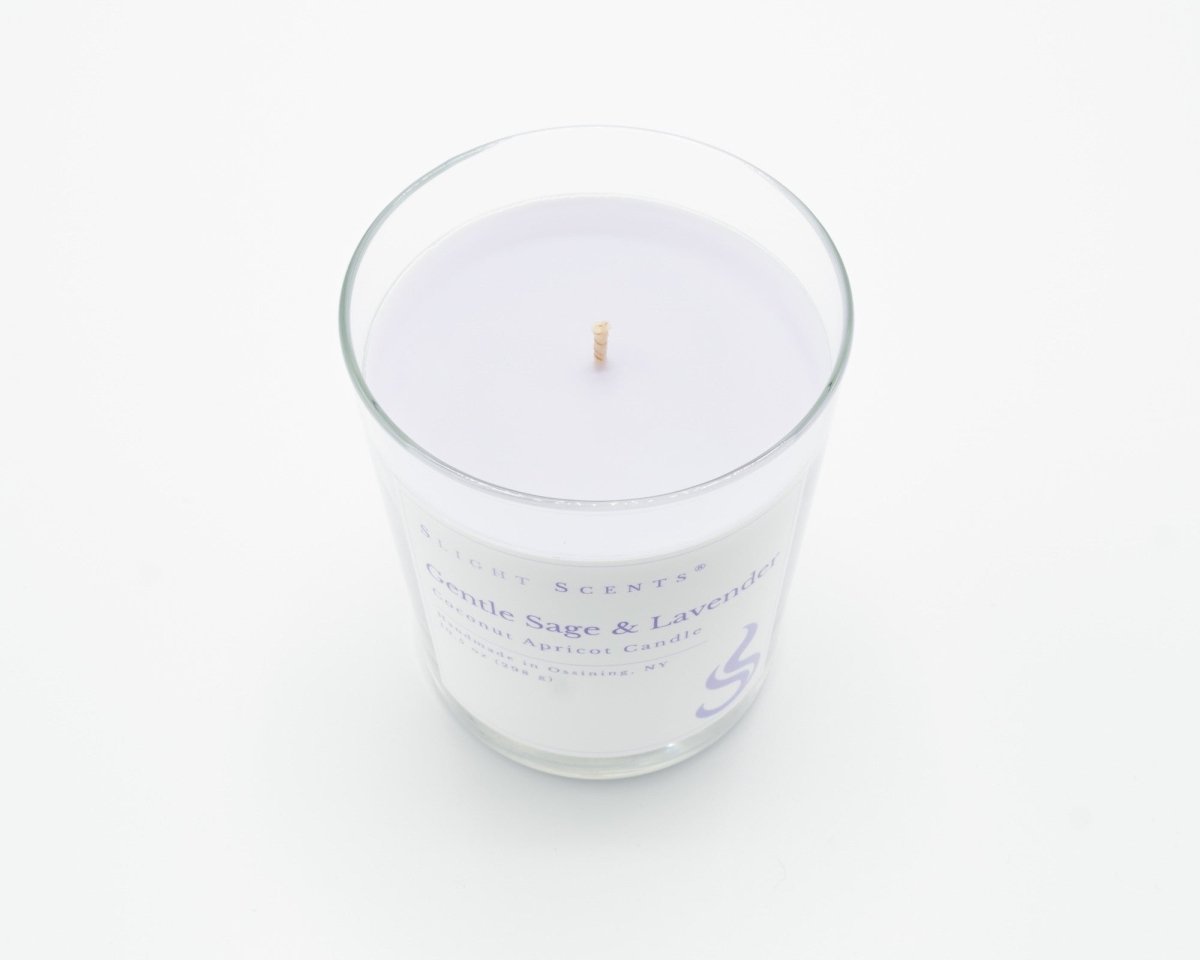 Gentle Sage & Lavender candle from Slight Scents New York without the lid. 