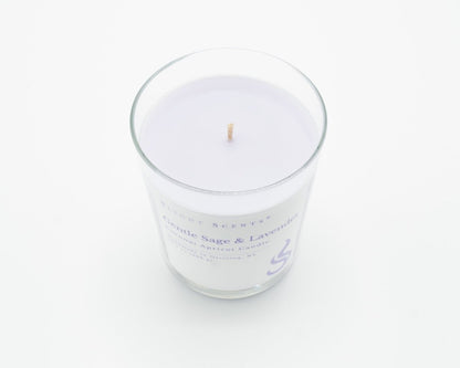 Gentle Sage & Lavender candle from Slight Scents New York without the lid. 