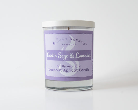 Gentle Sage & Lavender Softly Aromatic Coconut Apricot Candle by Slight Scents New York against a white background.
