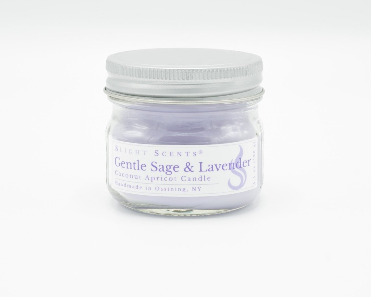 Gentle Sage & Lavender Coconut Apricot Candle in a 4.5oz mason jar. Front view. 