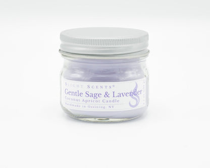 Gentle Sage & Lavender Coconut Apricot Candle in a 4.5oz mason jar. Front view. 