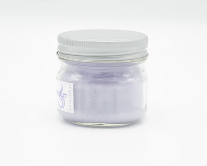 Gentle Sage & Lavender Coconut Apricot Candle in a 4.5oz mason jar. Side view.