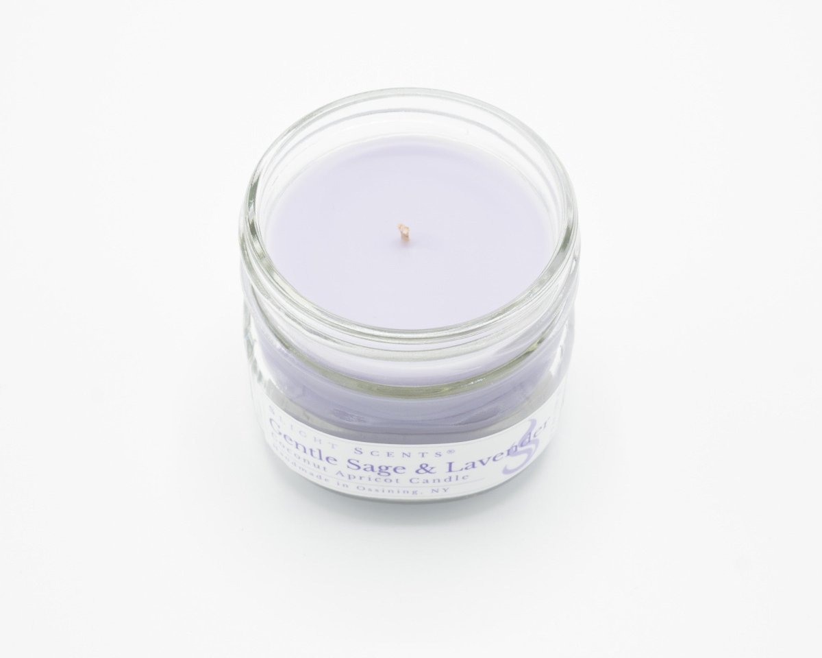 Gentle Sage & Lavender Coconut Apricot Candle in a 4.5oz mason jar without a lid.