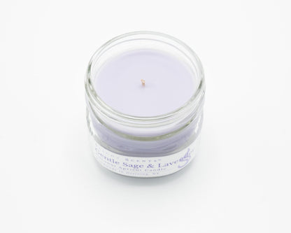 Gentle Sage & Lavender Coconut Apricot Candle in a 4.5oz mason jar without a lid.