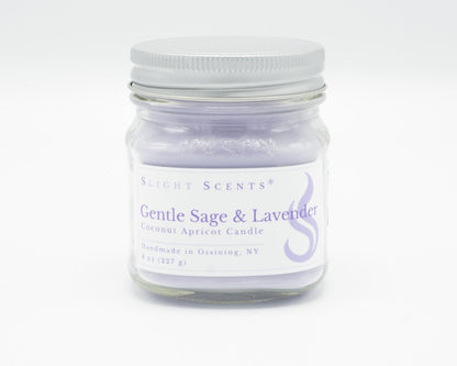 Gentle Sage & Lavender Coconut Apricot Candle in a 8oz mason jar. Front view. 