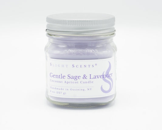 Gentle Sage & Lavender Coconut Apricot Candle in a 8oz mason jar. Front view. 