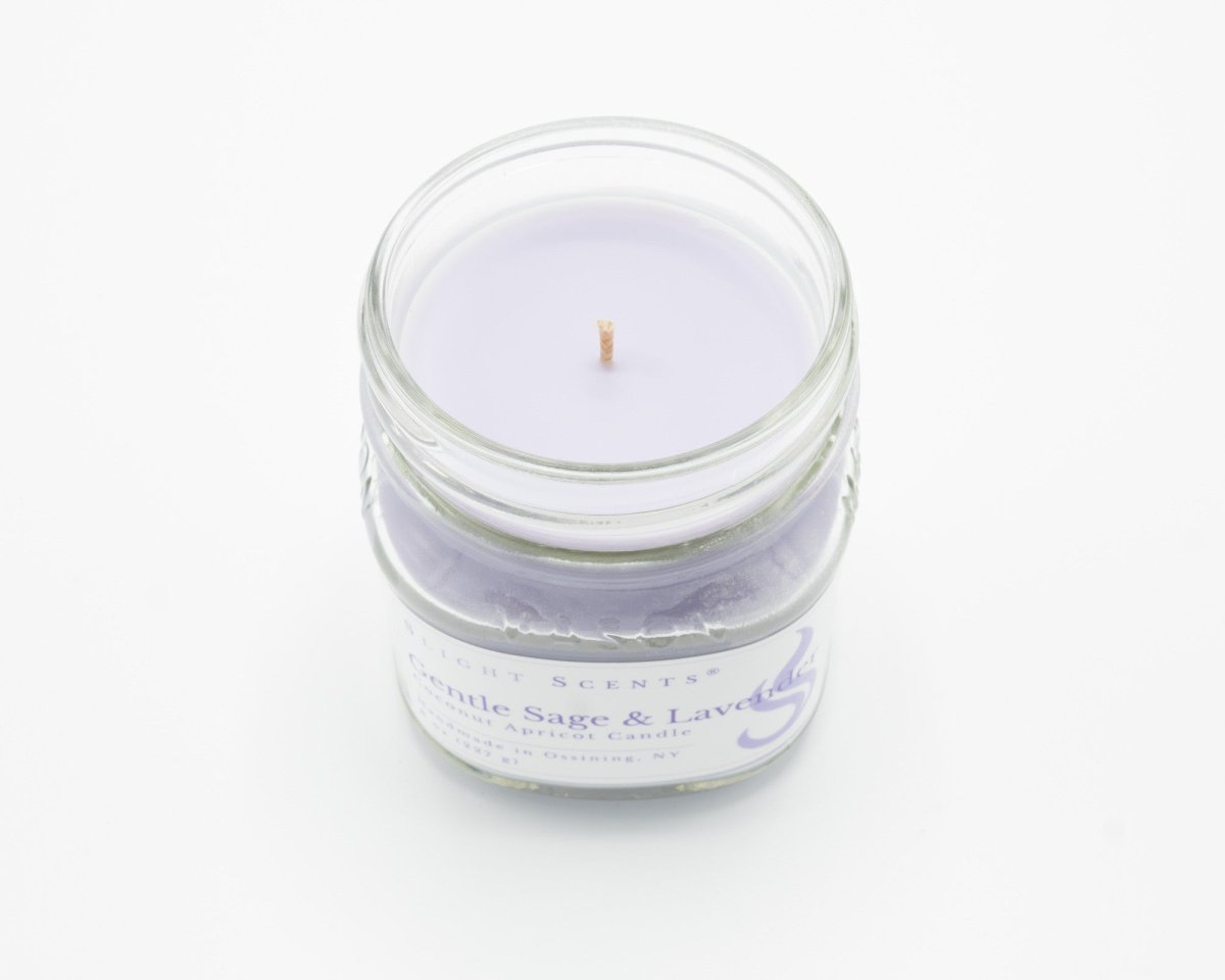 Gentle Sage & Lavender Coconut Apricot Candle in a 8oz mason jar without a lid.