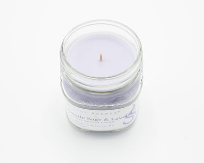 Gentle Sage & Lavender Coconut Apricot Candle in a 8oz mason jar without a lid.