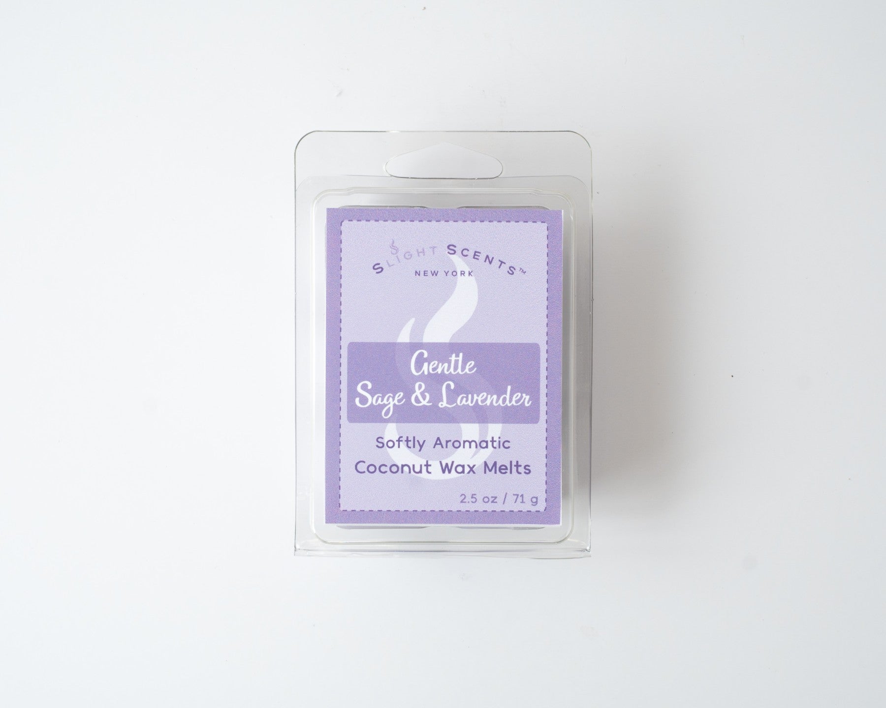 Gentle Sage & Lavender wax melt on a white background. Closed clam shell container.