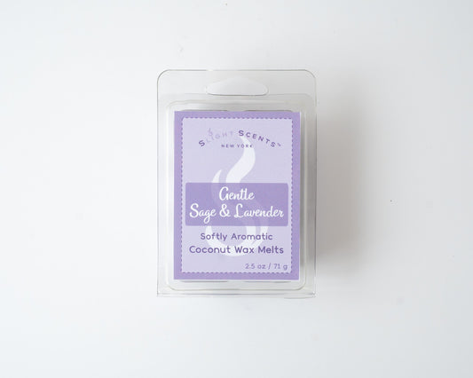 Gentle Sage & Lavender wax melt on a white background. Closed clam shell container.