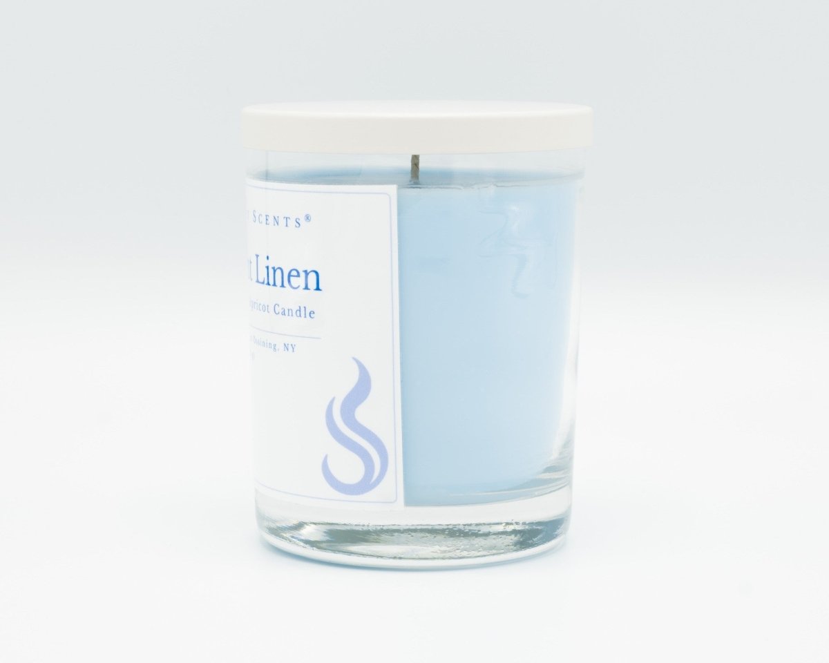 10.5oz Light Linen Softly Aromatic Coconut Apricot Candle by Slight Scents, handcrafted in New York. Side profile on a white background with a white lid.