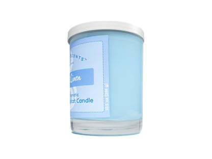 10.5oz Light Linen Softly Aromatic Coconut Apricot Candle by Slight Scents, handcrafted in New York. Side profile on a white background with a white lid.