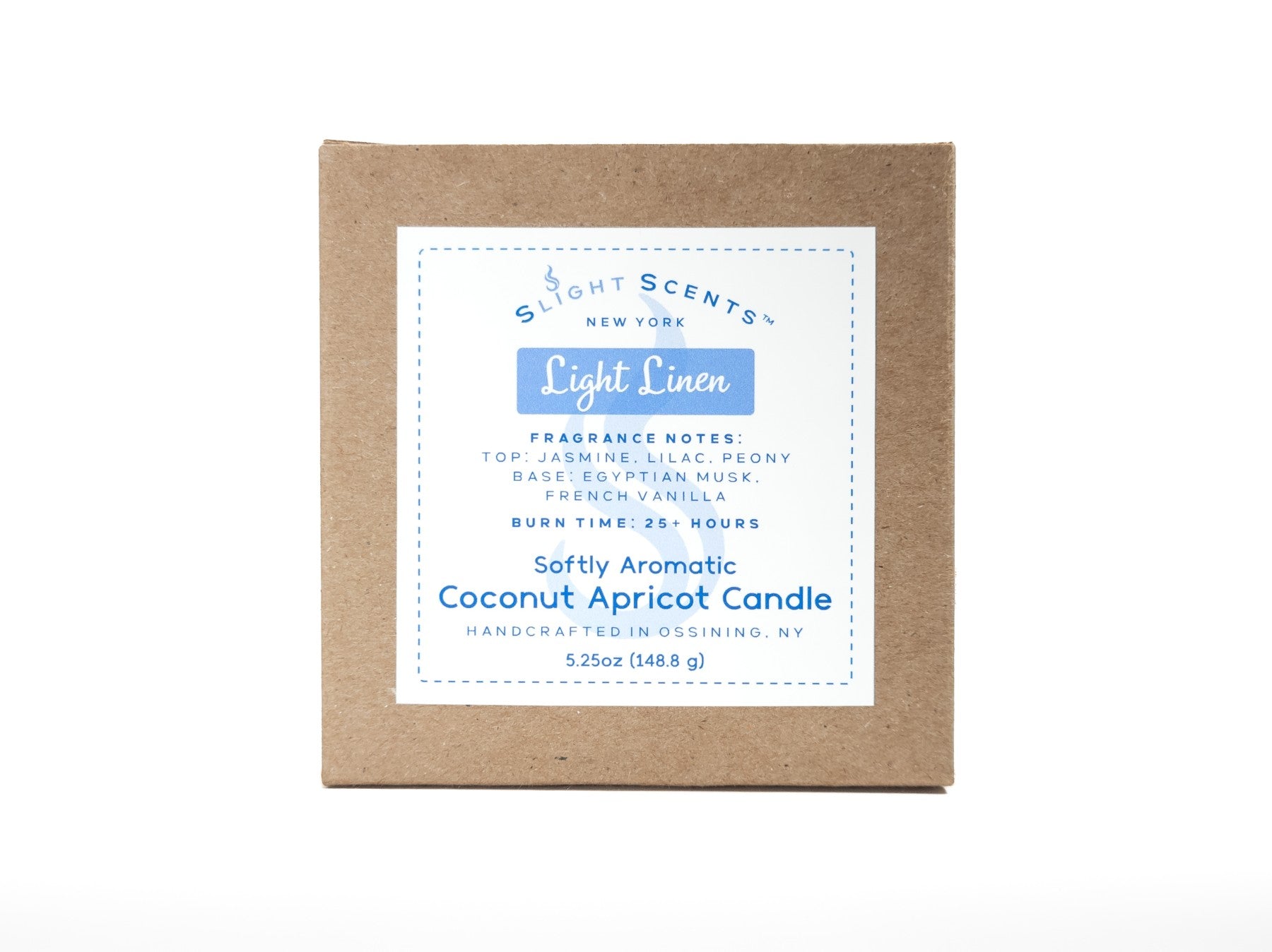 Candle box for Slight Scents New York featuring the fragrance Light Linen with notes of jasmine, lilac, peony, Egyptian musk, and French vanilla. Softly Aromatic coconut apricot candle, 5.25 oz, with a burn time of 25+ hours. Handcrafted in Ossining, NY.