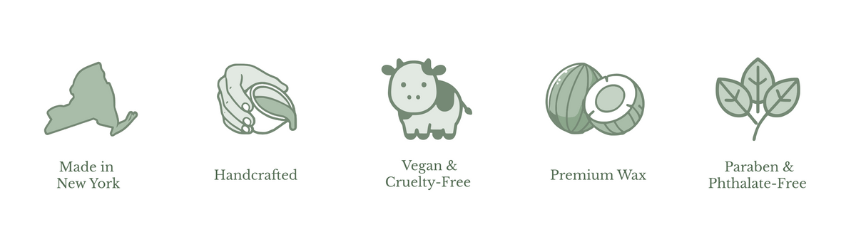 Banner displaying five icons with text: 'Made in New York' with an outline of New York state, 'Handcrafted' with an image of a hand pouring liquid, 'Vegan & Cruelty-Free' with a cow icon, 'Premium Wax' with two coconuts, and 'Paraben & Phthalate-Free' with three leaves.