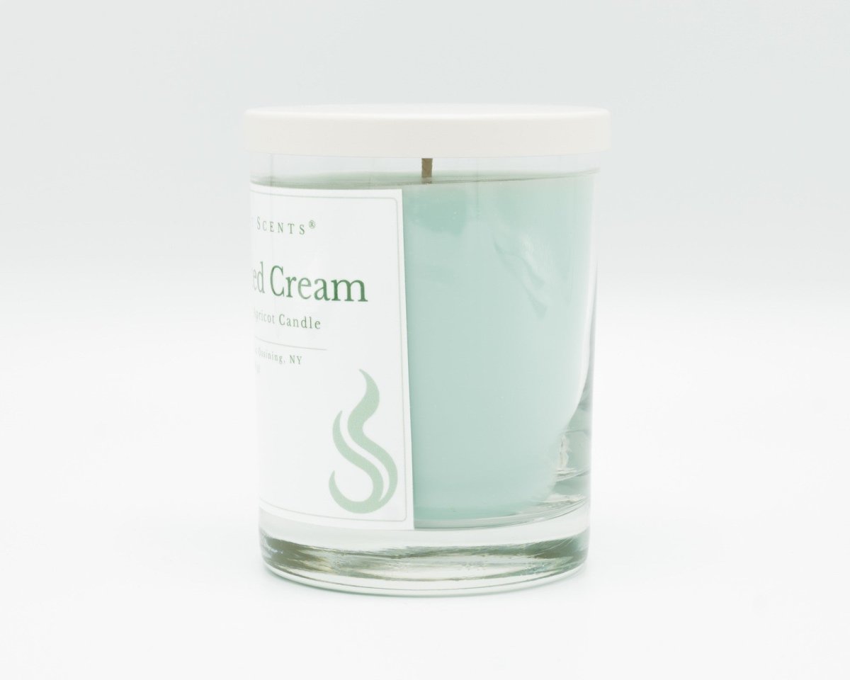 10.5oz Spiced Cream Softly Aromatic Coconut Apricot Candle by Slight Scents, handcrafted in New York. Side photo on a white background with a white lid.