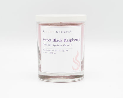 Sweet Black Raspberry Softly Aromatic Coconut Apricot Candle by Slight Scents New York against a white background.